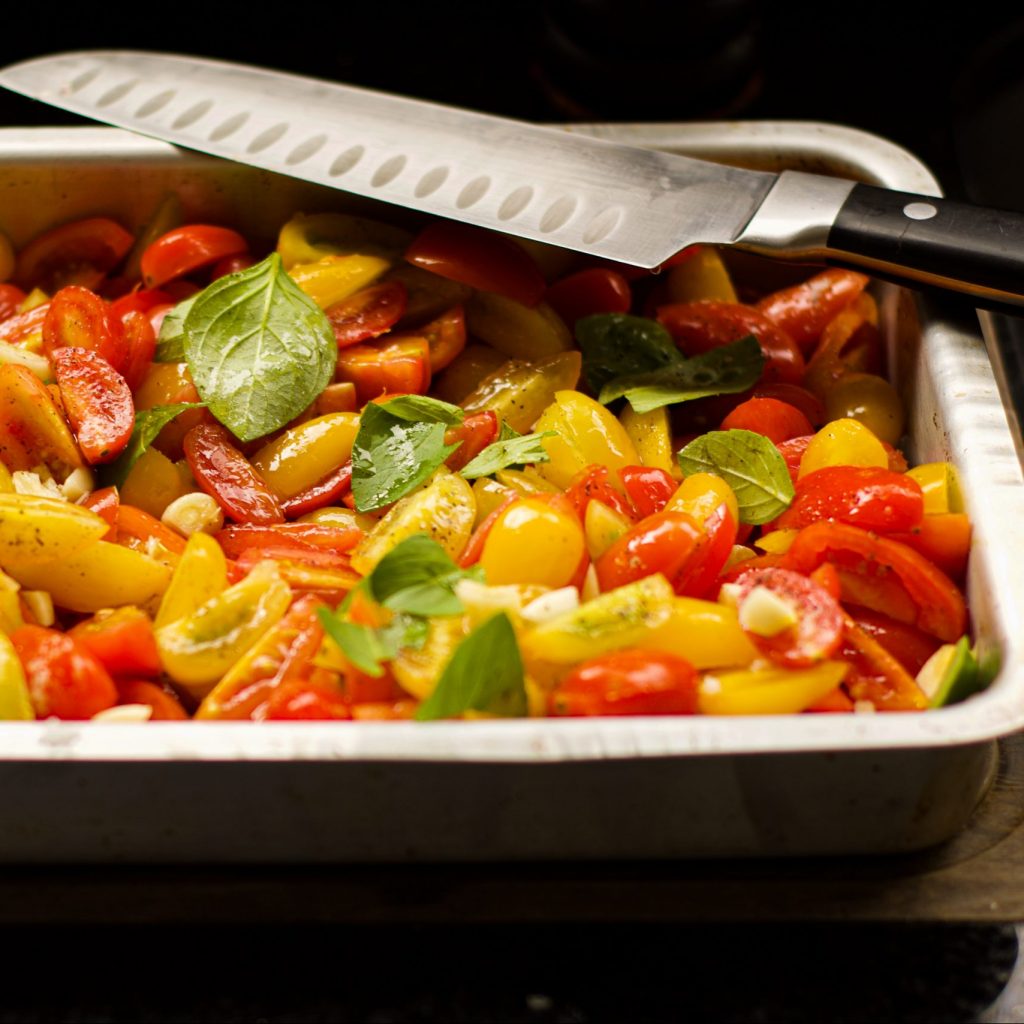 vegetable salad on gray tray